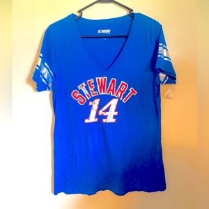 Nascar Tony Stewart #14 T- Shirt Women's Size L blue & silver striped sleeve